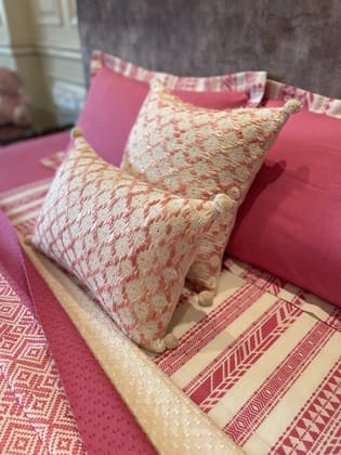 KRI India Distressed Pink Diamond Wool Cushion Covers|16x16 inches | White with Baby Pink wool thread work  | Wash & Care | 100% Cotton | Handcrafted in India. 100% organic & natural.
