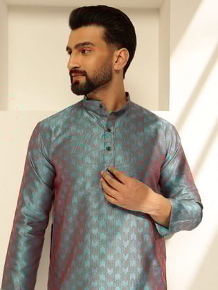 Men's Jacquard Silk Contrast Red Thread Woven Design Blue Long Kurta-36