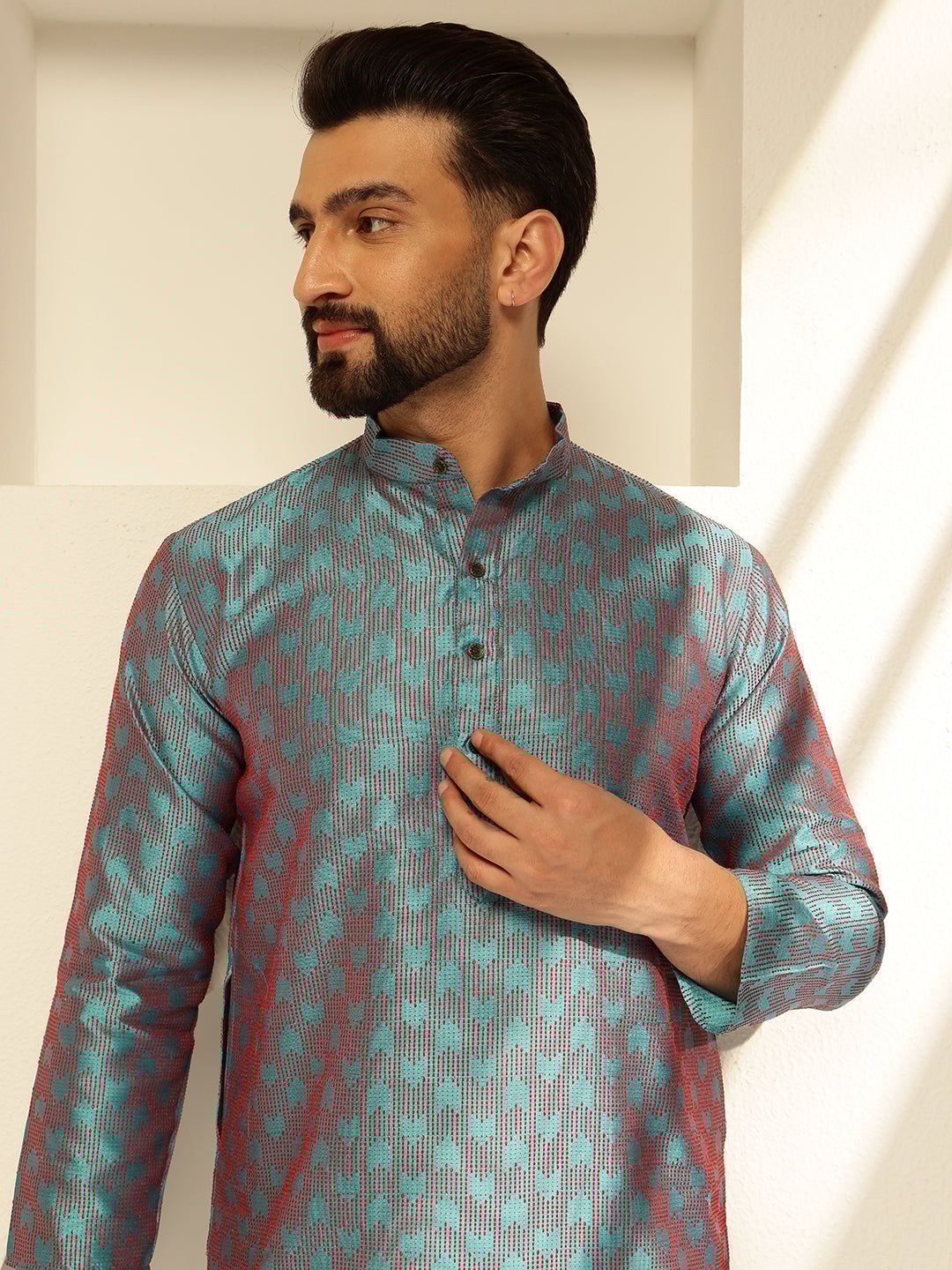 Men's Jacquard Silk Contrast Red Thread Woven Design Blue Long Kurta-36