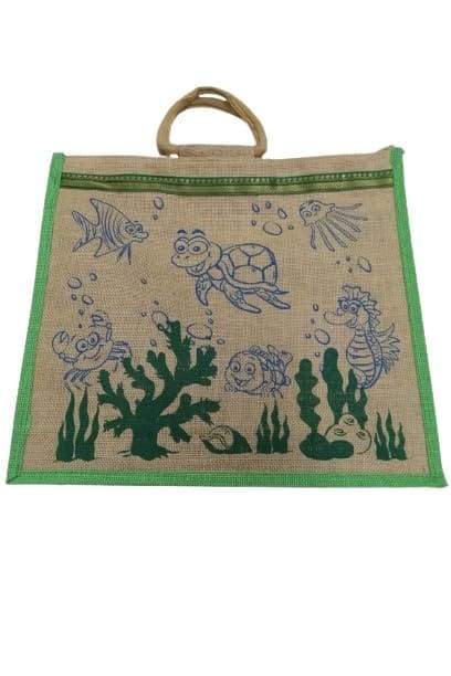 PALAK SAXENA Jute Bag for Shopping - Printed Jute Bag | Shoulder Bag | Shoppers Tote | Grocery Bag | Eco Friendly Bags for Shopping - Cute & Quirky Collection (Tortoise, Fish - Green)