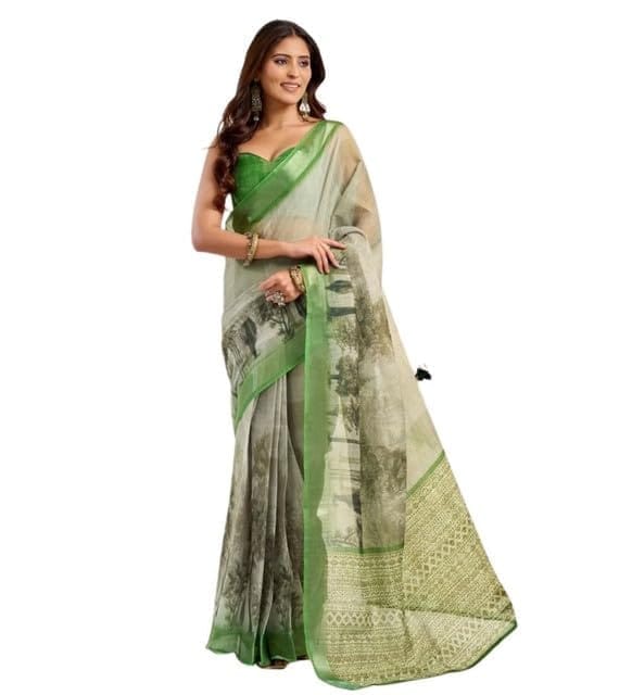 Women's Faux Linen Printed Ready to wear Saree With Unstitched Blouse 5.5Mtr (Light_Green)-PID65876