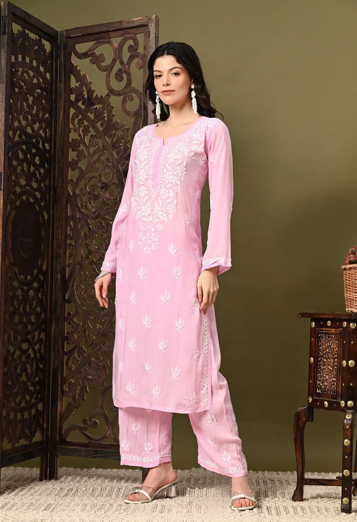 Pure Modal Heavy Bota Pattern hand embroidered Chikankari Kurta Set -Baby Pink