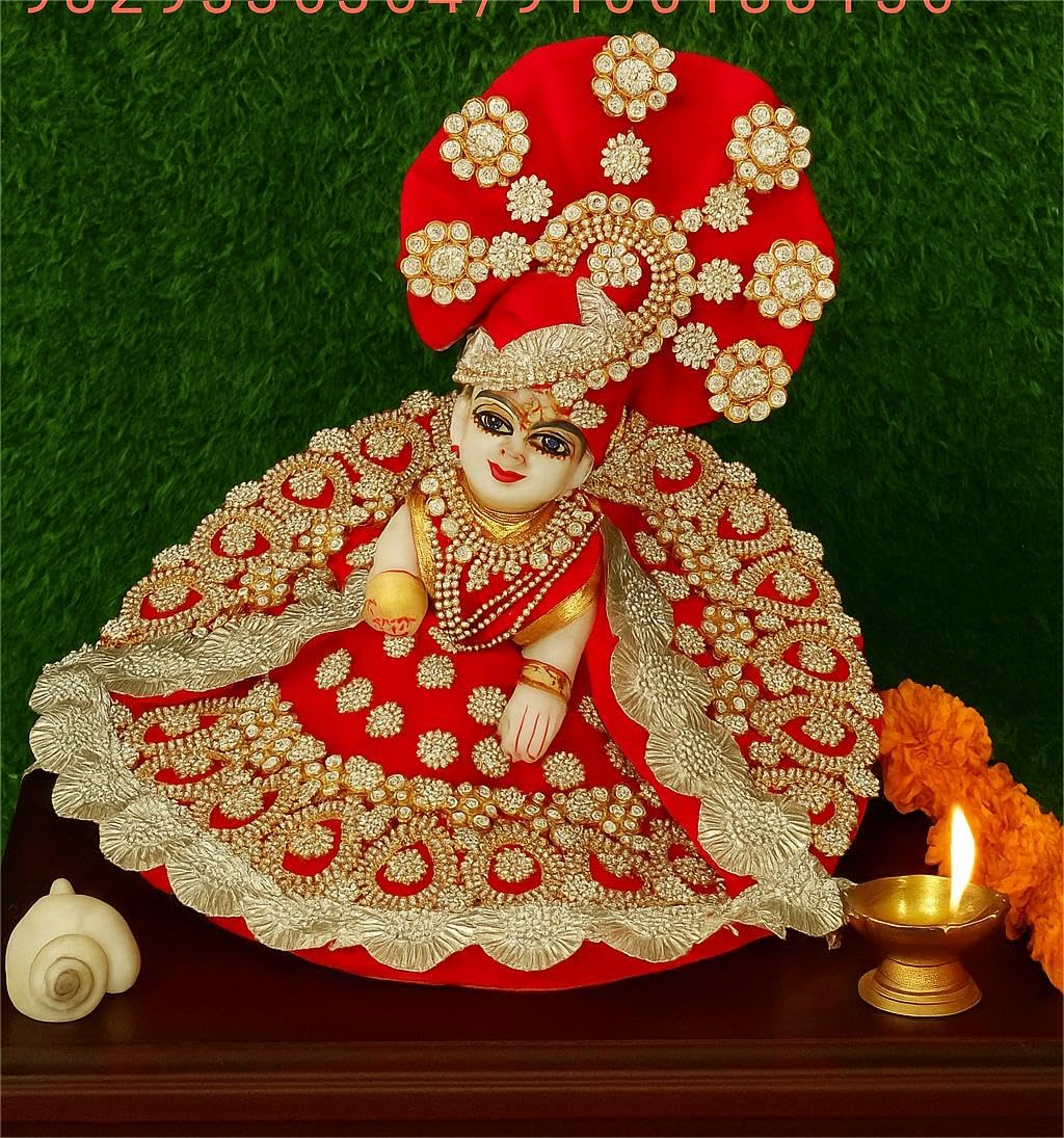 DHRUVINSRIladdu Gopal Heavy Dress Gawn with sudded ZARKHIN Flowers & ZARKHIN LACE Work, krishnaji, kanhaji, thakurji Adjustable Gawn for Ladoo Gopal Ji Idol Size 5&6 Color-RED