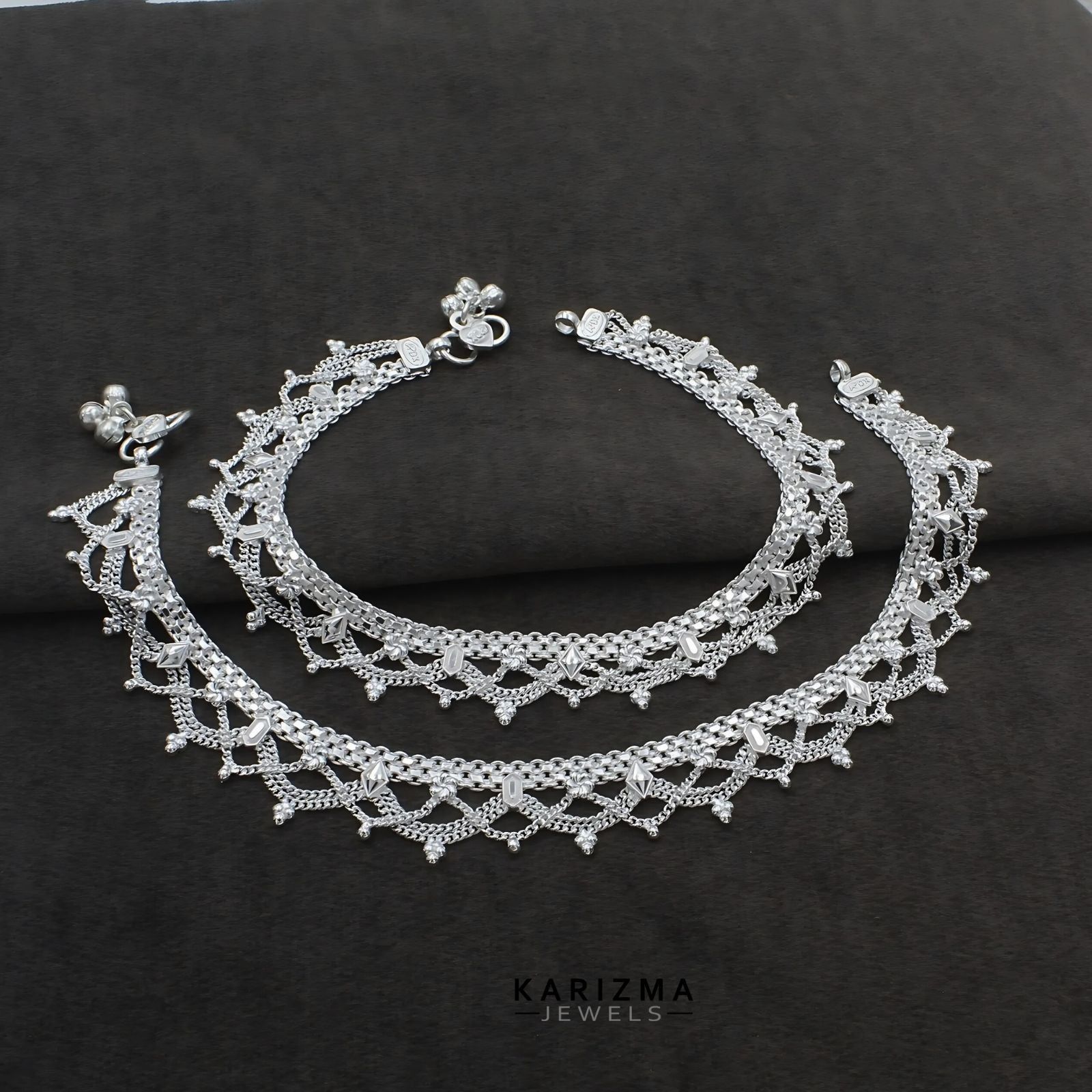 Real Sterling Silver Indian women gifting jewelery Anklets Ankle Pair 10.3"