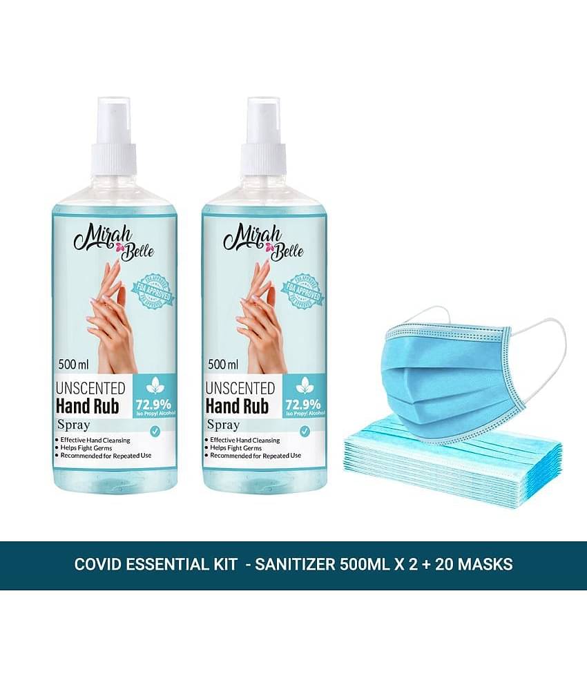 Mirah Belle Unscented Hand Rub Spray 500ml (Pack of 2) + 20 Face Masks Hand Sanitizer 1000 mL Pack of 3