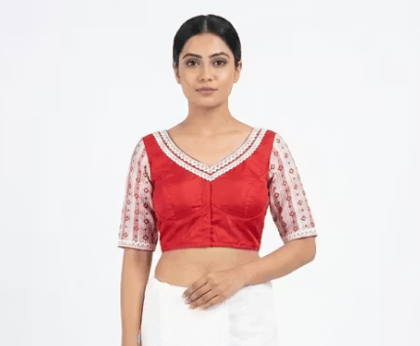 Red Cotton V-Neck Printed Sleeve Designer Blouse for Women