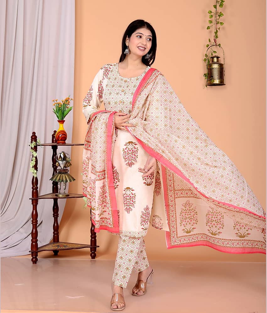 The Kurti Point Rayon Printed Kurti With Pants Women's Stitched Salwar Suit - Fluorescent Pink ( Pack of 1 )