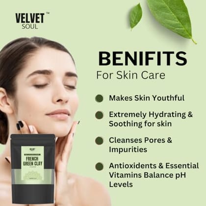 Velvet Soul French Green Clay Powder for Skincare | Face Mask & Body Scrub | Skin Brightening & De Tan | 100 gms