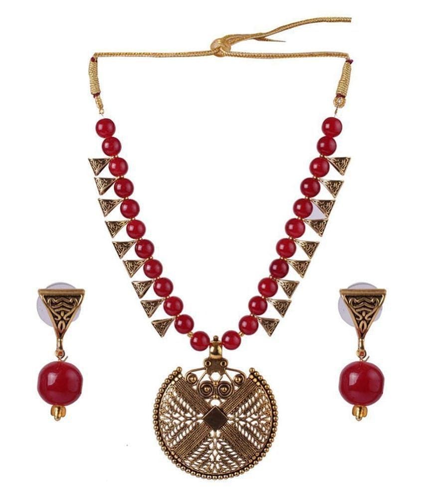 PUJVI Alloy Maroon Contemporary/Fashion Necklaces Set Long Haram - Maroon