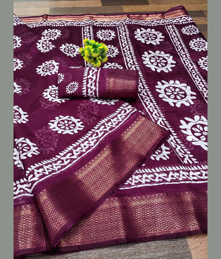 HEMA SILK MILLS Cotton Blend Printed Regular Saree With Unstitched Blouse Piece ( Blue )