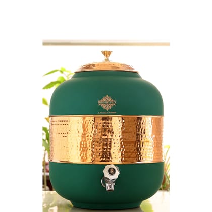 Indian Art Villa Pure Copper Half Hammered With Silk Finish Water Pot in Green Color-5Ltr