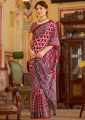 Poppy Red Satin Crepe Printed Saree