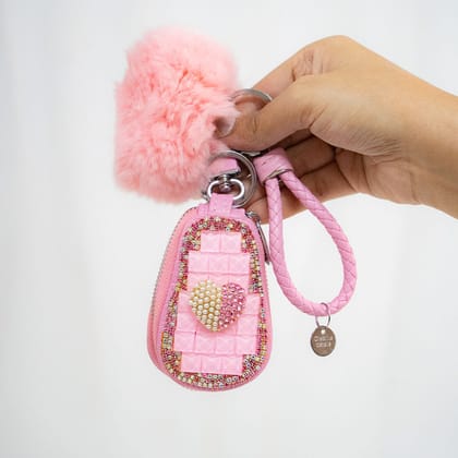 Heart Crystal Keyholder With Fur Ball Keychain-1