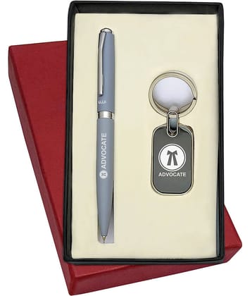 UJJi Advocate Logo Engraved 2in1 Set with Matte Grey Color Ballpen and Keychain