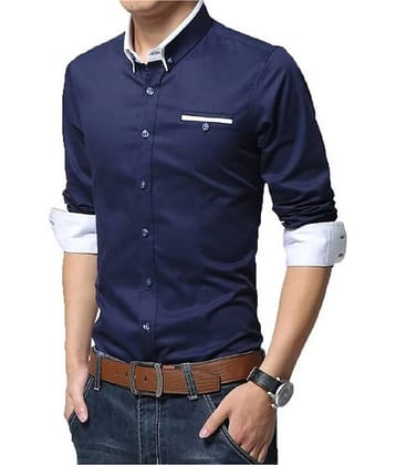 Qlonz store Cotton Blend Regular Fit Solids Full Sleeves Men's Casual Shirt - Navy ( Pack of 1 )