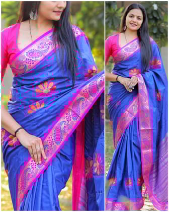 Sycron Pure Mercerised Cotton Silk in Exclusive Border Design With Embroidery work-Blue
