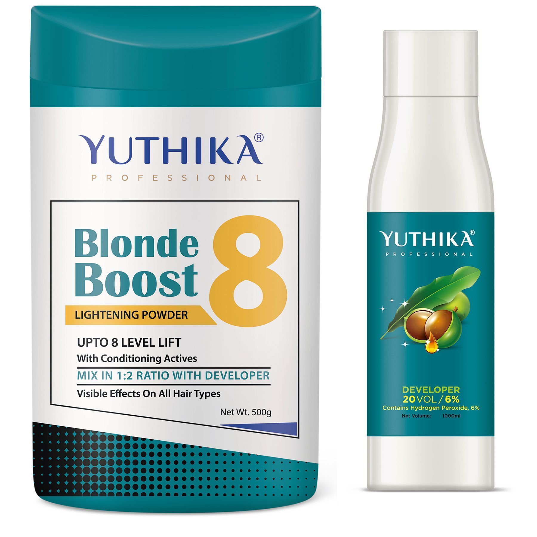 Yuthika Professional Blonder Powder 500g with Hair Color Developer 20 Volume (6%) 1000ml