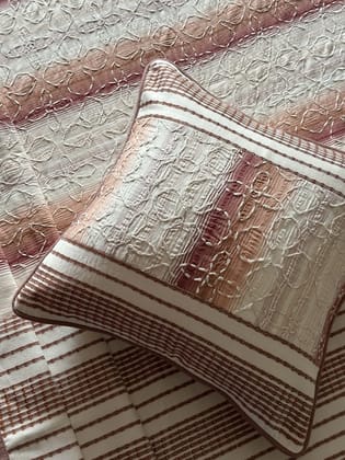 KRI India Bloom Peach Stripe Embroidered Cushion Cover | Ivory & Peach  | 16x16 inches | Wash & Care | 100% Cotton | Handcrafted in India. 100% organic & natural.