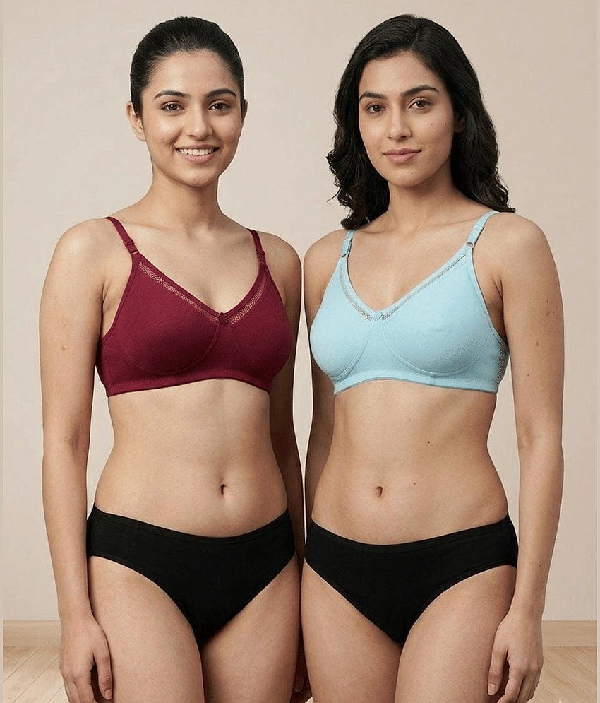 love girl Pack of 2 Cotton Blend Non Padded Everyday Bra For Women ( Light Blue,Maroon )