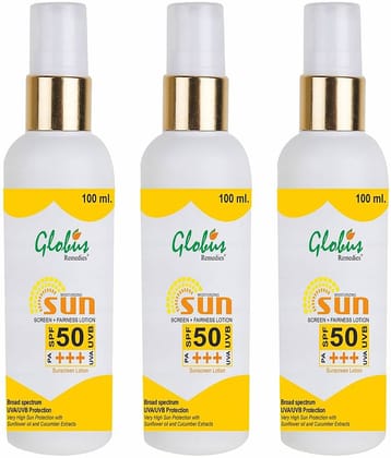 Globus Remedies Sunscreen Lotion SPF 50 PA+++ 100 ml, (Pack of 3)