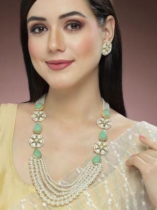 Pearl Beaded Light Green Carved Stone Kundan Rani Haar Necklace Set for Women-Free Size