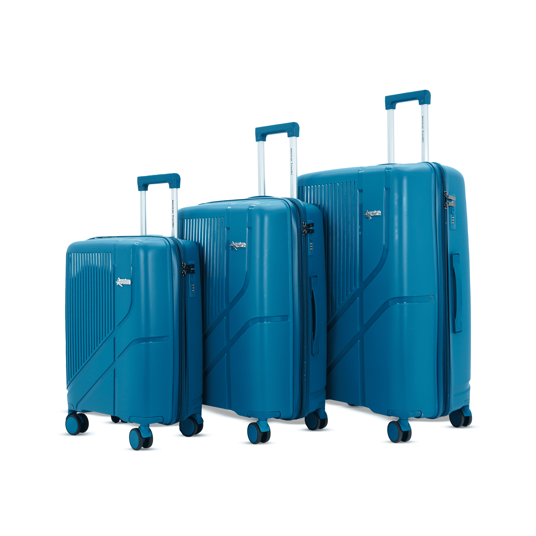 American Traveller TourisPoineer Trolley Bags Set of 3 Large Polypropylene Hardshell Expandable Travel Luggage Bag with 8 Disc Wheels & TSA Type Lock. (3, Blue)