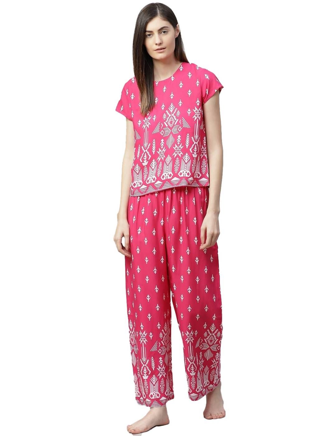 Women's Casual Short Sleeve Printed Rayon Pajama Set Size M (Pink)