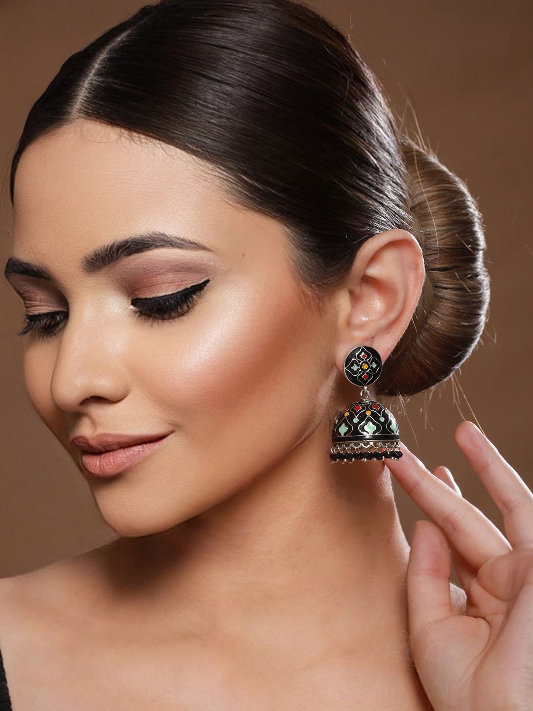 Black Designer Handpainted Jhumka Earrings