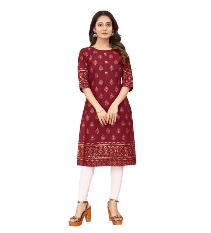Women's Casual 3/4th Sleeve Foil Gold Printed Cotton Kurti (Maroon, L)-PID46156