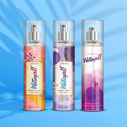 Layer'r Wottagirl Body Splash Combo Pack Of 3 Mandarin Twist 60 Ml, French Peony 60 Ml And Secret Crush 60 Ml, Spray, Women