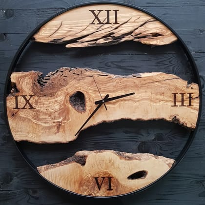 Sahaj Hast Olive Wood Wall Clock  Silent Movement, Live Edge Farmhouse Style | Handmade Wooden Wall Art ( Size - 28" )