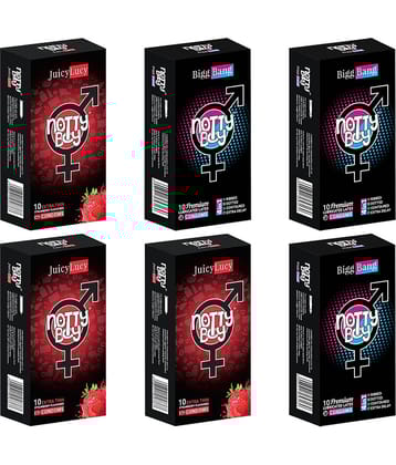NottyBoy Strawberry Flavour Thin and 4 IN 1, Ribbed,  Dotted, Contour, Extra Time Condoms - 60 Units