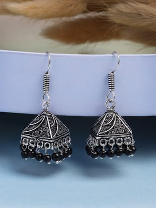 NVR Oxidized Silver Plated Black Artificial Beads Jhumka Earrings for Women's-One Size / Silver / German Silver
