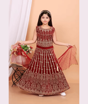 DS DRESSES Velvet Lehenga Choli Set For Girls ( Pack of 1 , Maroon )