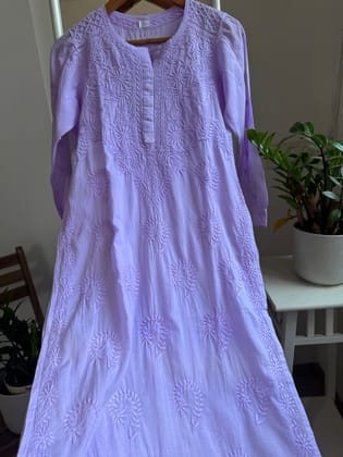 Mul Cotton Lilac Chikankari Kurti - Saaz Collection-Lilac / cotton / XL