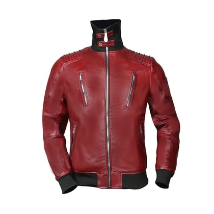 Black Studded Turtle Ribbed Collar Red Genuine Leather Jacket With Metal Lion Logo By Brune & Bareskin-S