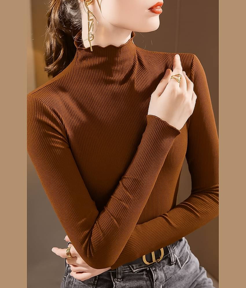 Traquila Women Lycra Solid Slim Fit High Neck T-Shirt ( Black )