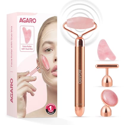 AGARO 4-In-1 Electric Rose Quartz Face Roller with Gua Sha, Facial Roller Kit for Face, Eye, Neck, Anti-Aging Facial Massager for Anti-Wrinkles, Skin Firming and Lifting (Rose Gold) AGARO 4-In-1 Electric Rose Quartz Face Roller with Gua Sha, Facial Rolle