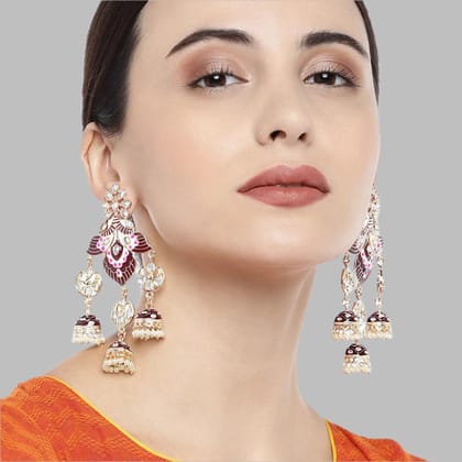 Gold-Toned Meenakari Bold Statement Jhumka With Pearl Danglers