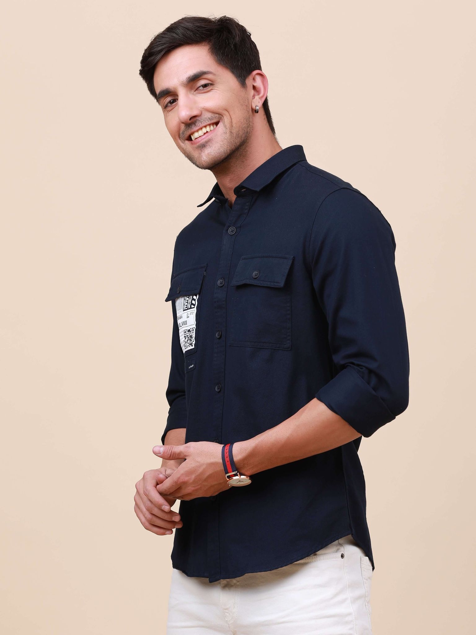 Dark Navy Solid Double Pocket Shirt-S