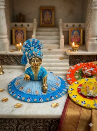 Ladoo Gopal Poshak, Festive Net Fabric Deity Dress, Leaf & Flower Embroidery Border Design size 4 inch Ladoo Gopal Poshak, Festive Net Fabric Deity Dress, Leaf & Flower Embroidery Border Design size 4 inch