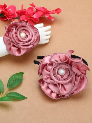 Satin Flower Bracelet & Hairband Set-Rose Gold-one Size / Rose