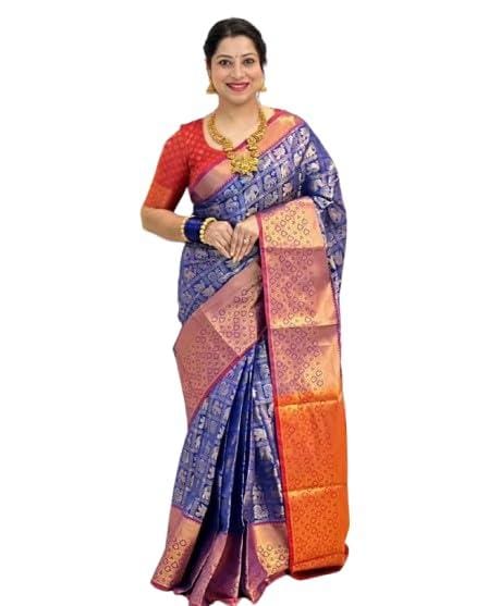 Fashion Booms Women's Fancy Kanjivaram Banarasi Pure Soft Silk Saree With Beautiful Work for All Occasions Weddings, Party, Festive, Saree Women | Color-Blue