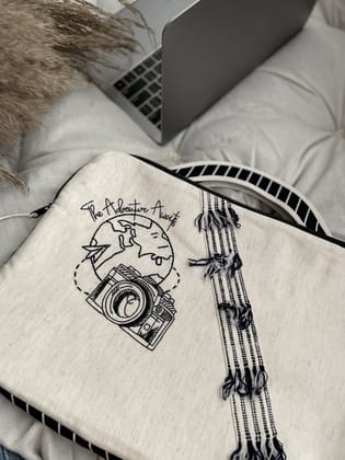 KRI India Distressed Adventure Awaits Black & White Laptop Cover|15 inches | Wash & Care | 100% Cotton | Handcrafted in India. 100% organic & natural.