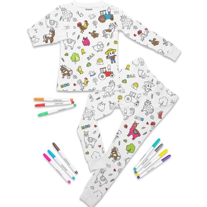 Arni Arts Magic Coloring Pajama Set Top and Bottom with Farm Animals Print and 12 Washable Markers for Kids Age 12 to 13 Years