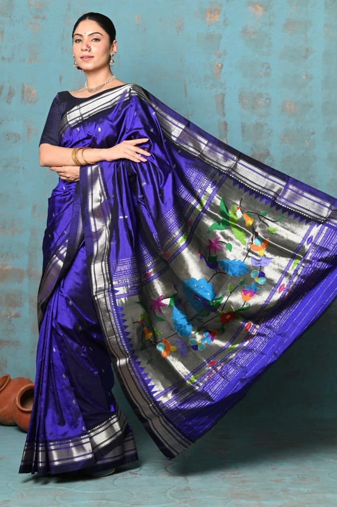Tyohaar ~ Handloom Pure Silk Paithani Saree with Traditional Peacock Pallu ~ Royal Blue (By Government Certified Weavers) - Sarees | Buy online on ZillyBuy
