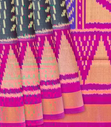 Dark Grey Handloom Rajkot Patola Silk Saree With Floral Motifs-Dark Grey-Dark Grey