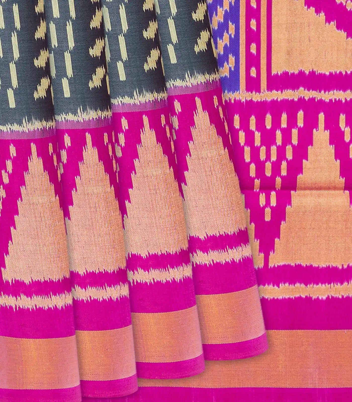 Dark Grey Handloom Rajkot Patola Silk Saree With Floral Motifs-Dark Grey-Dark Grey