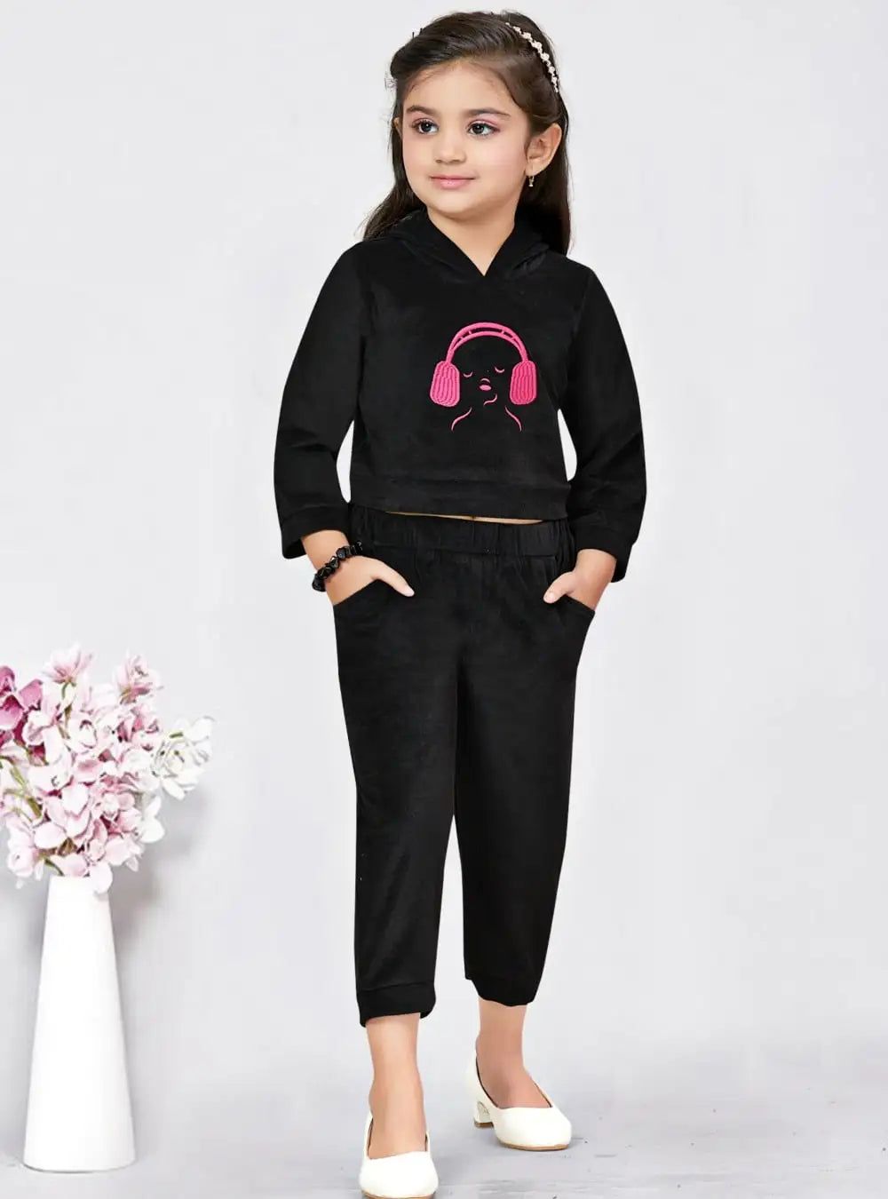 Girls Imported Corduroy Velvet Hoodie Joggers Co-Ord Set [GCS-1043] (6Months-4Years)-6M-9M (Size - 14) / Black / Velvet
