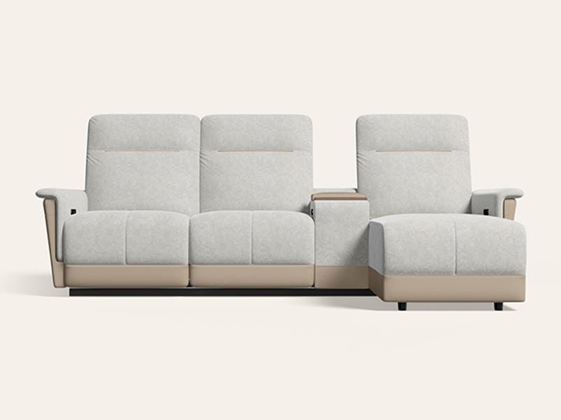 TuneIn Motorised 2 Seater Fabric Recliner with Console and Chaise LH (3-Years Warranty, Mushroom and Peanut)